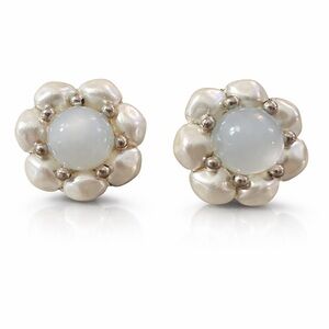 Vintage Faux Pearl Flower Clip-On Statement Floral Earrings Bridal Retro
